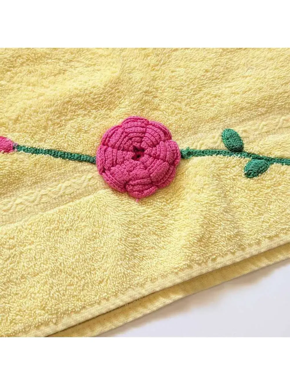 Vintage Yellow Bath Towel with Red Crochet Rose Applique